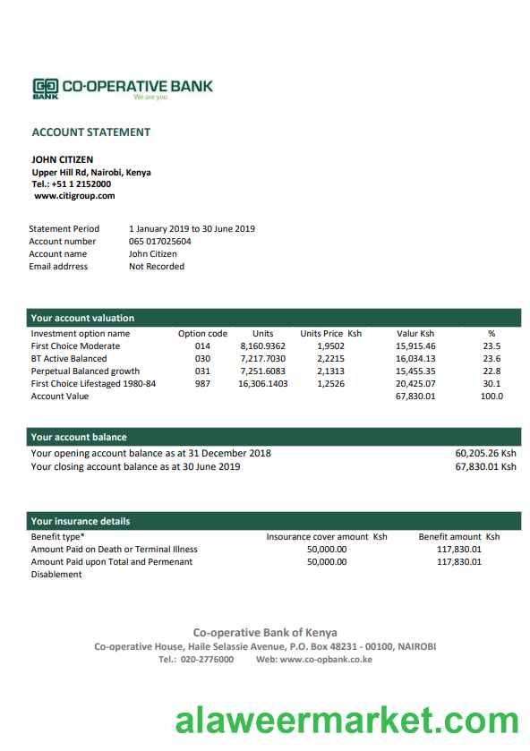 Kenya Co-Operative Bank proof of address statement template in Word and PDF format, .doc and .pdf format